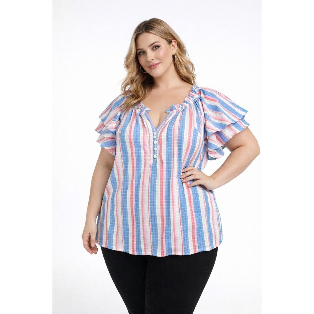Chelsea & Theodore Americana Preppy Womens Blouse Flutter Sleeves 1X Blue White